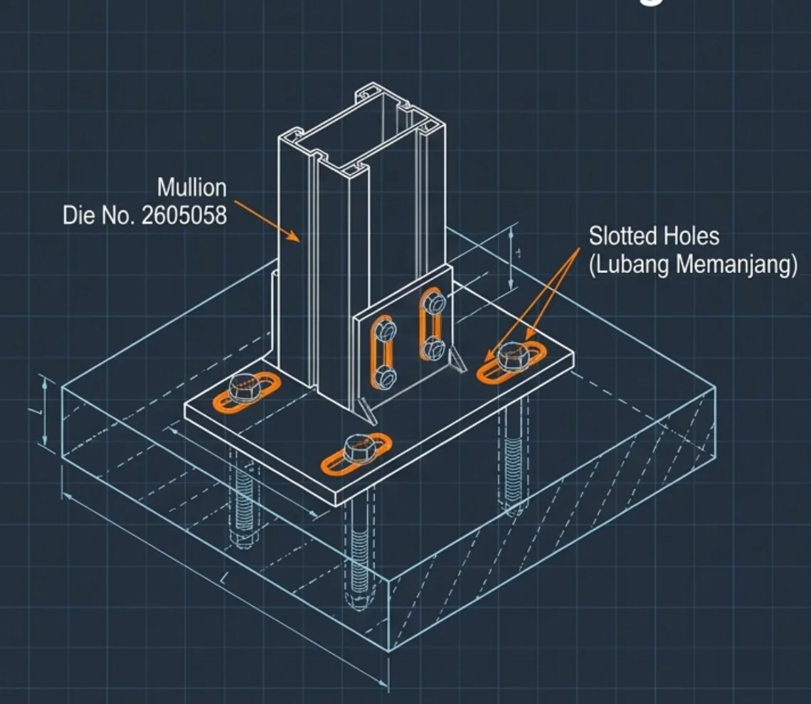 Diagram bracket dan anchor yang menghubungkan mullion aluminium ke pelat beton