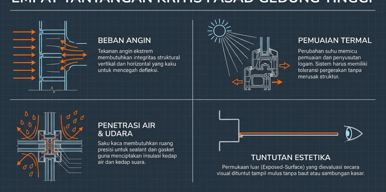 Diagram empat tantangan curtain wall: beban angin, pemuaian termal, penetrasi air dan udara, serta estetika