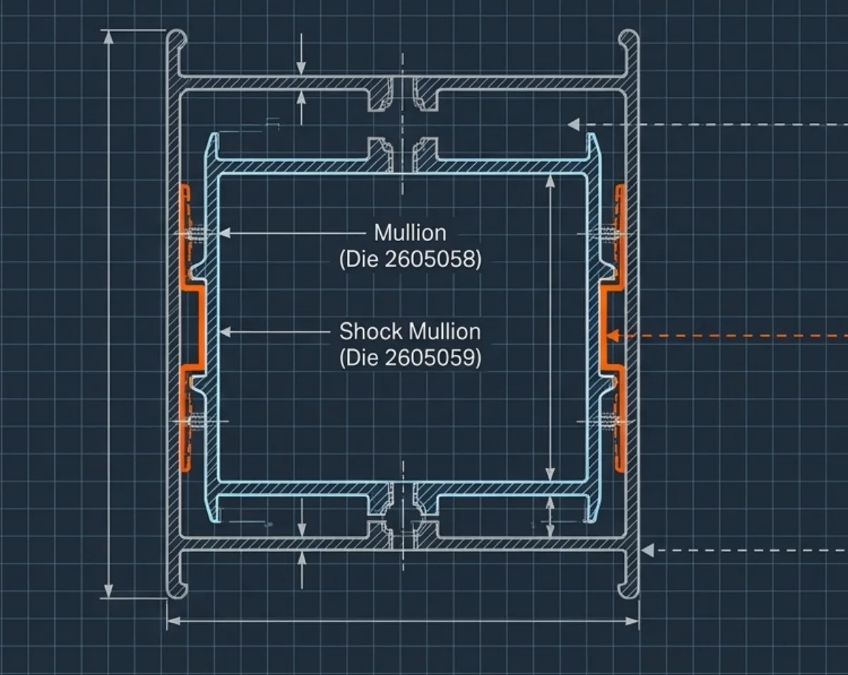 Potongan mullion dan shock mullion dengan sirip friction fit serta ruang gerak