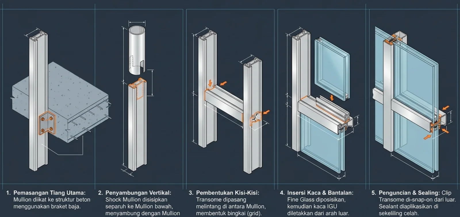 Lima tahap pemasangan curtain wall Stick dari mullion hingga penguncian clip dan sealing