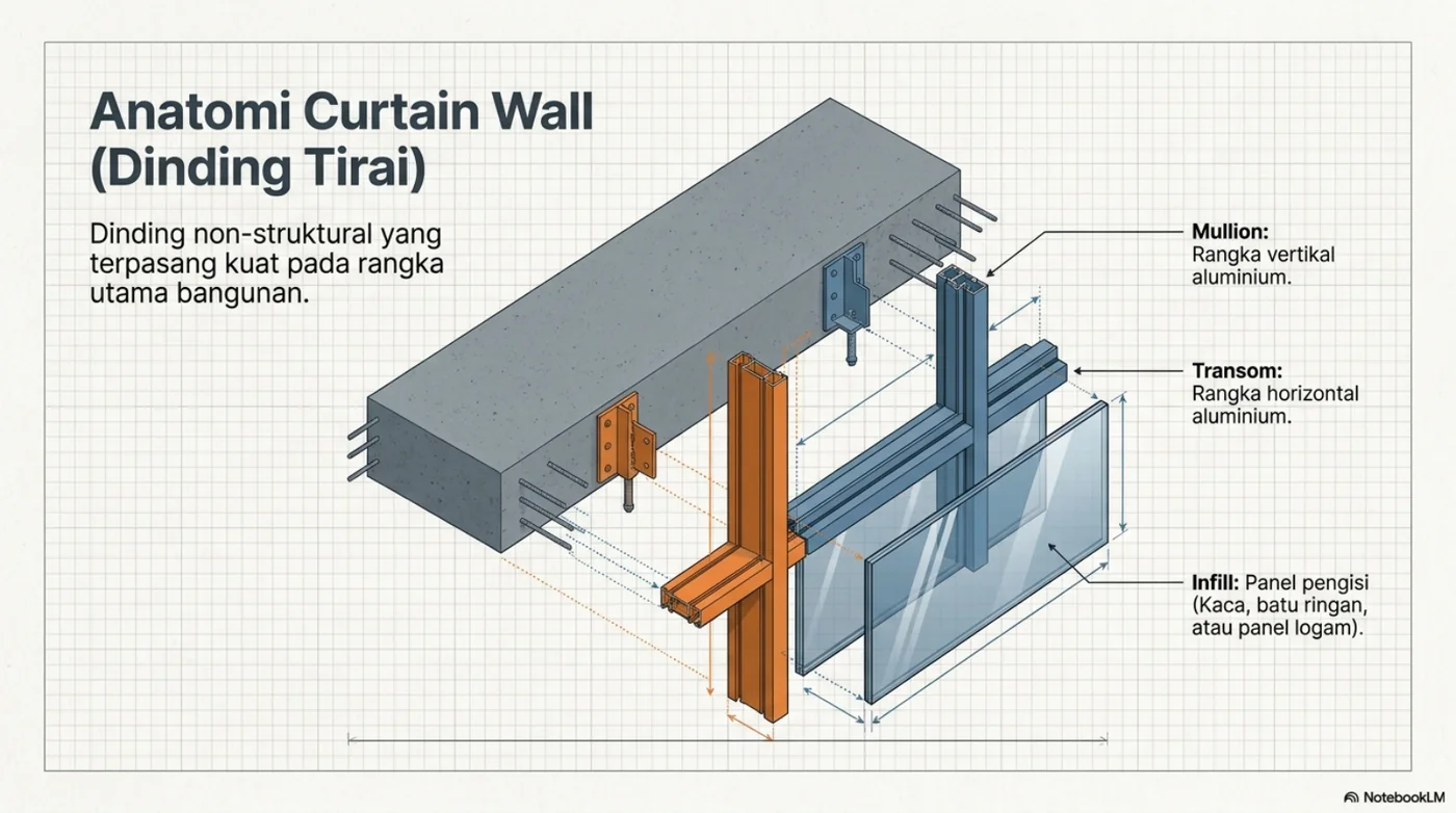 Diagram anatomi curtain wall yang menandai mullion, transom, dan panel infill