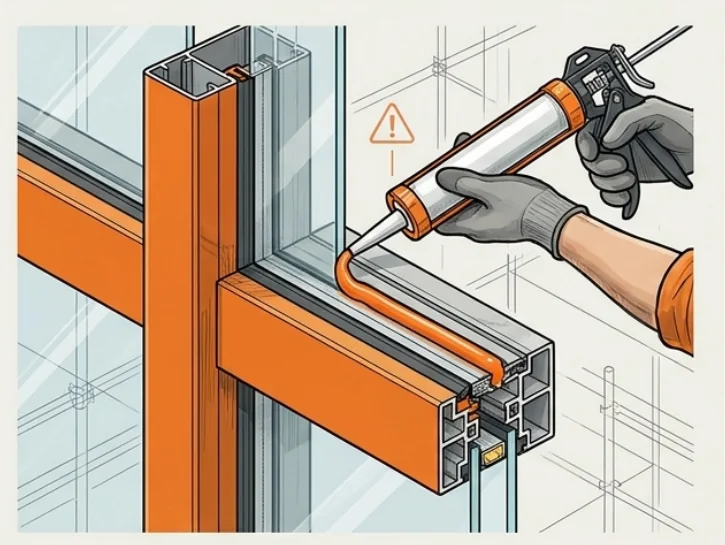 Aplikasi sealant pada sambungan curtain wall Stick di lapangan