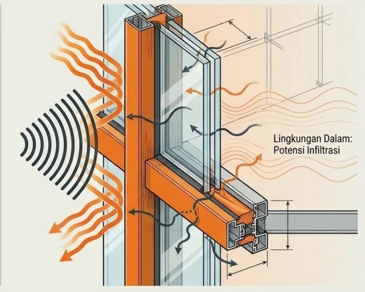 Ilustrasi risiko infiltrasi pada detail curtain wall Stick yang tidak sempurna