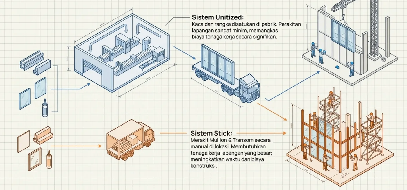 Perbandingan alur fabrikasi lapangan sistem Stick dan perakitan pabrik sistem Unitized